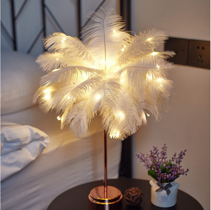 Décoration d'intérieur, lampe de bureau à télécommande, alimentation USB/AA, abat-jour en plumes d'arbre, veilleuse créative, lampe de table en plumes